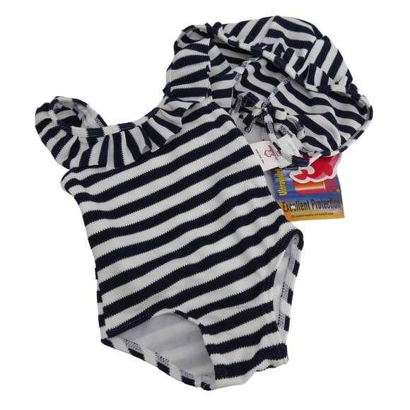 BONVERANO Baby Girl Blue White Stripe Ruffle UPF 50+ Swimsuit & Bonnet NWT 3-6M - Picture 1 of 9